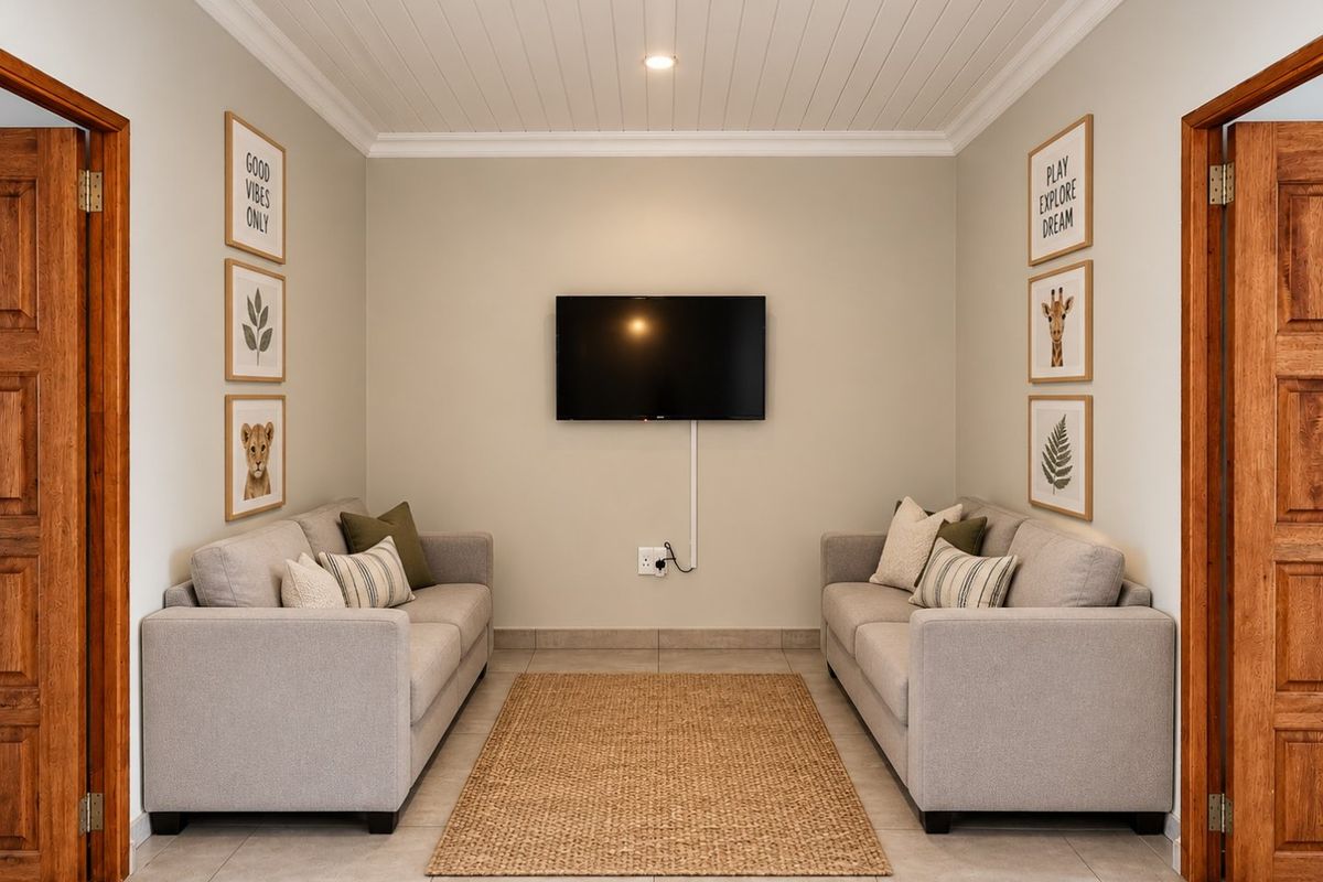 A cozy living area featuring tiled floors, a tongue and groove ceiling with cove cornice, and solid wood doors on either side.