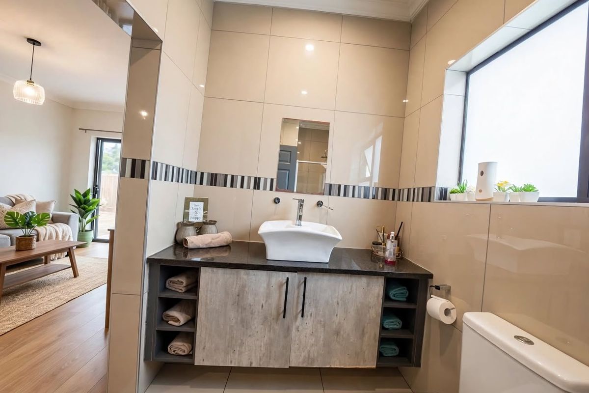 Modern bathroom featuring a floating vanity with granite countertop, vessel sink, wall-mounted faucet, and neutral floor-to-ceiling wall tiles.