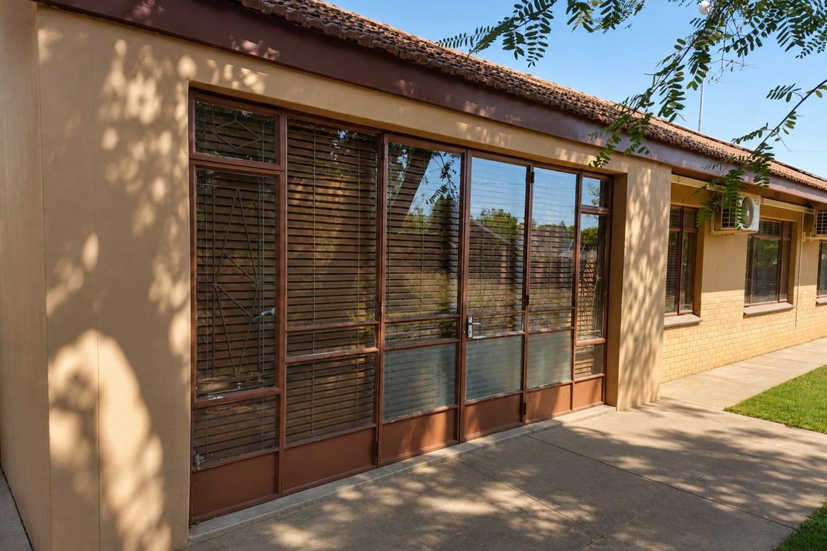 Rear exterior view of the commercial property featuring a concrete patio, large sliding glass doors, and a tiled roof with mounted air conditioning units.