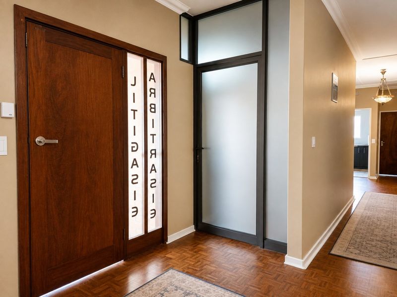 A well-maintained commercial hallway featuring polished parquet flooring, a solid timber door, and a modern frosted glass entrance door with transom window.