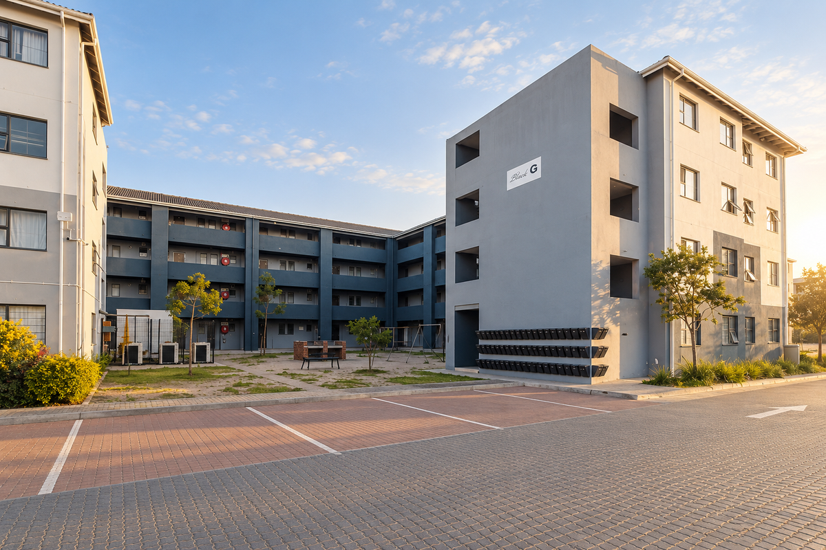 Exterior view of a modern apartment complex featuring paved parking, a communal courtyard with a built-in braai area, and designated mailboxes.