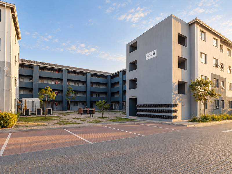 Exterior view of a modern apartment complex featuring paved parking, a communal courtyard with a built-in braai area, and designated mailboxes.