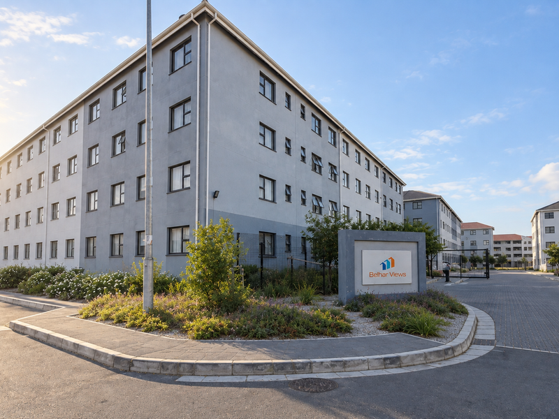Exterior view of the Belhar Views apartment complex, featuring modern multi-story residential buildings, paved access roads, and landscaped garden areas.