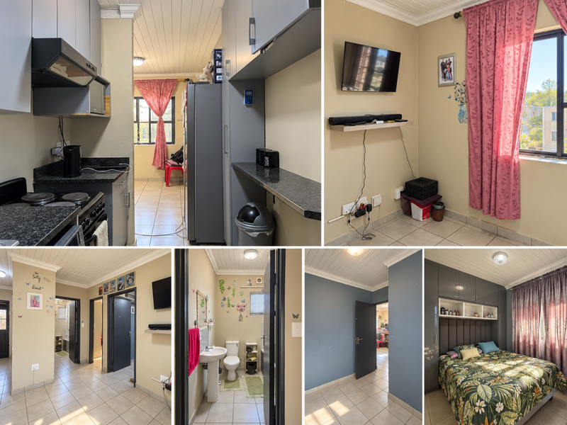 A composite image showing various interior spaces of an apartment, including the kitchen, living area, bathroom, and bedroom.