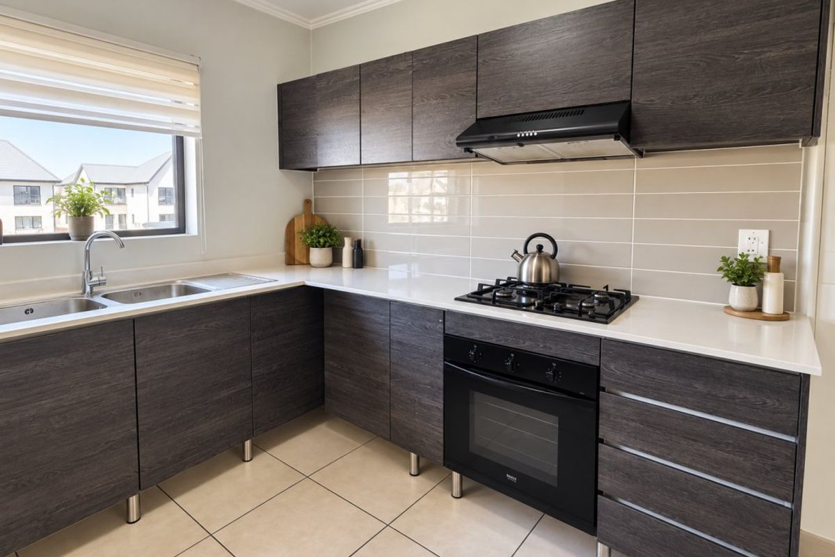 Modern kitchen featuring dark wood-grain cabinetry, white stone countertops, gas hob, built-in oven, and a stainless steel double sink with tiled backsplash.