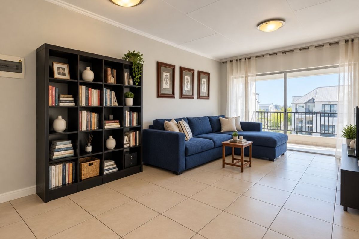 A bright and well-maintained living room featuring neutral tiled flooring, coving, and large sliding glass doors that provide access to a private balcony.