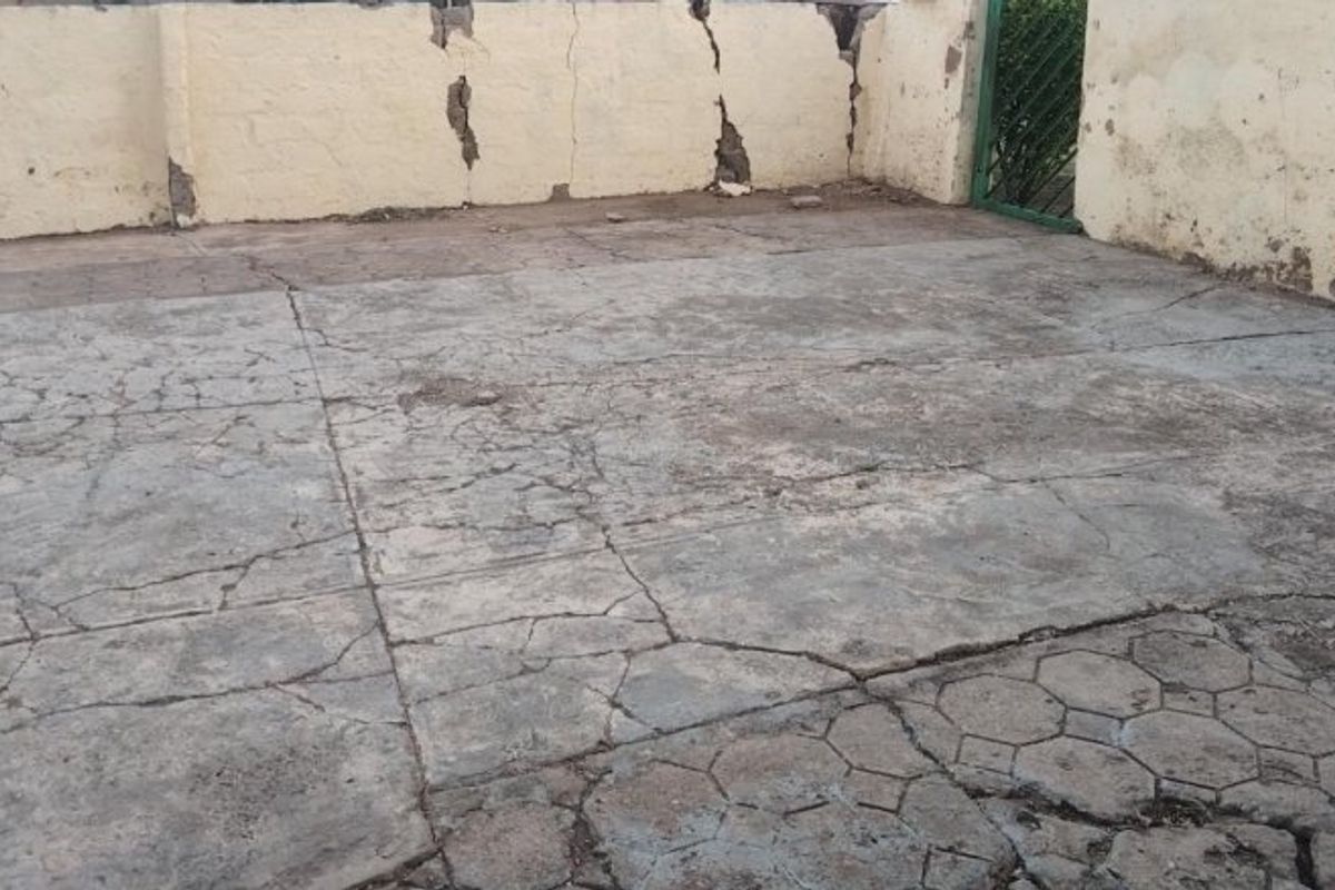 An outdoor rear area featuring a concrete paved surface and boundary walls, currently showing significant signs of wear and structural weathering.