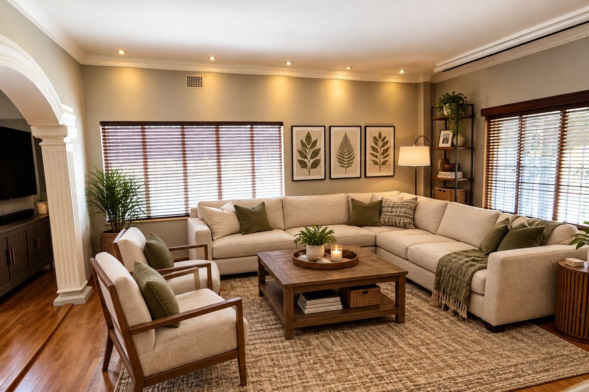 A well-appointed living room featuring hardwood flooring, elegant crown molding, recessed lighting, and an architectural archway leading to an adjacent space.