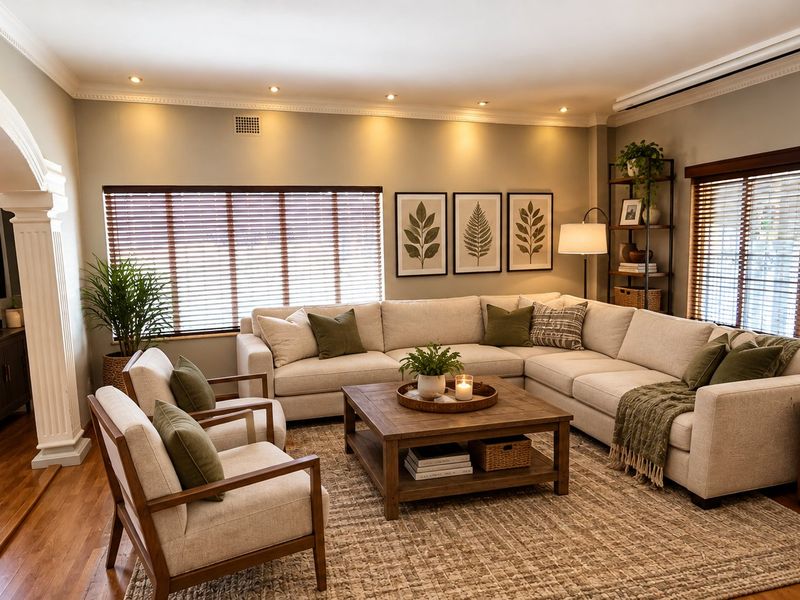 A well-appointed living room featuring hardwood flooring, elegant crown molding, recessed lighting, and an architectural archway leading to an adjacent space.