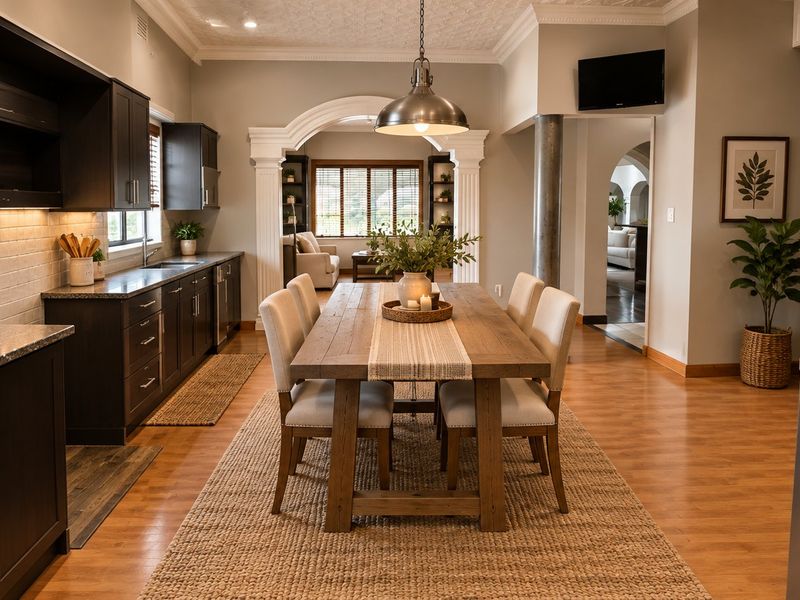 Spacious open-plan kitchen and dining area featuring dark cabinetry, stone countertops, elegant archways, and warm laminate flooring.