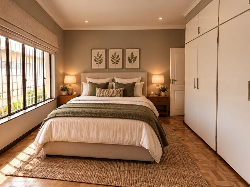A well-maintained bedroom featuring classic parquet flooring, extensive built-in cupboard storage, and large windows fitted with security bars.