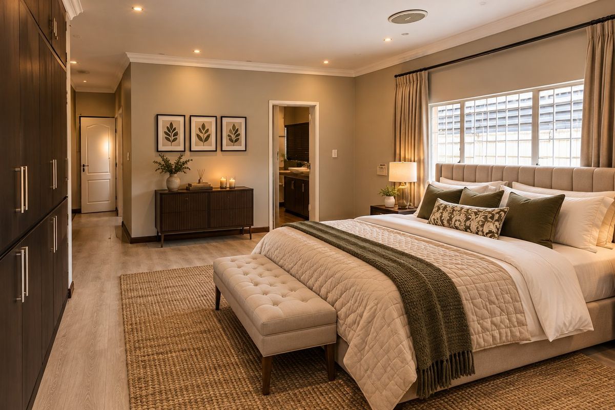 Spacious bedroom featuring built-in cupboards, recessed lighting, and laminate flooring, with direct access to an en-suite bathroom.
