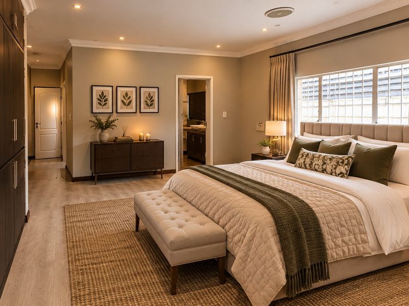 Spacious bedroom featuring built-in cupboards, recessed lighting, and laminate flooring, with direct access to an en-suite bathroom.