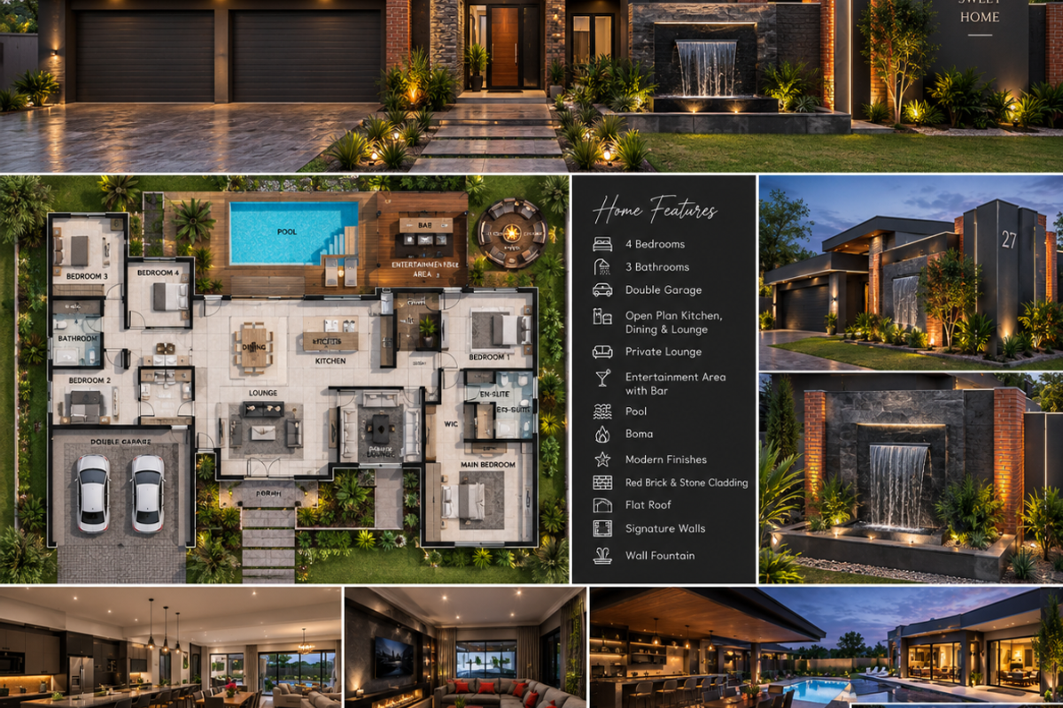 A comprehensive architectural presentation featuring a floor plan, exterior elevations, and interior highlights of a modern luxury residential property.