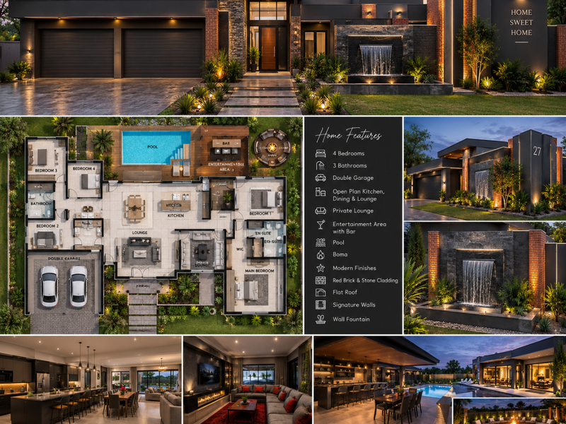 A comprehensive architectural presentation featuring a floor plan, exterior elevations, and interior highlights of a modern luxury residential property.