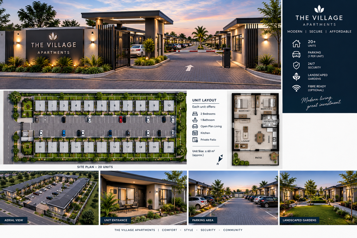 A promotional marketing collage for The Village Apartments, featuring site plans, unit layouts, and exterior views of the residential complex.