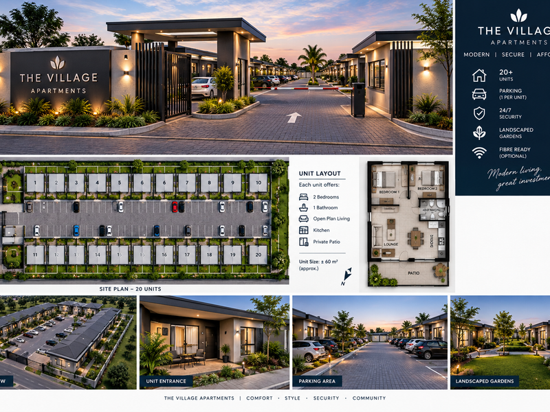 A promotional marketing collage for The Village Apartments, featuring site plans, unit layouts, and exterior views of the residential complex.