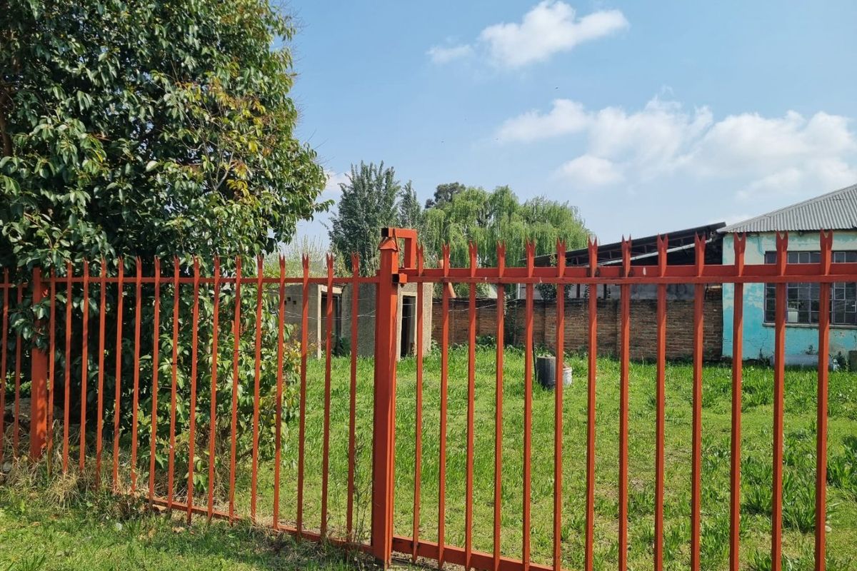 A view of the rear yard featuring a metal palisade fence, an overgrown lawn, and a small outbuilding with visible exterior wear.