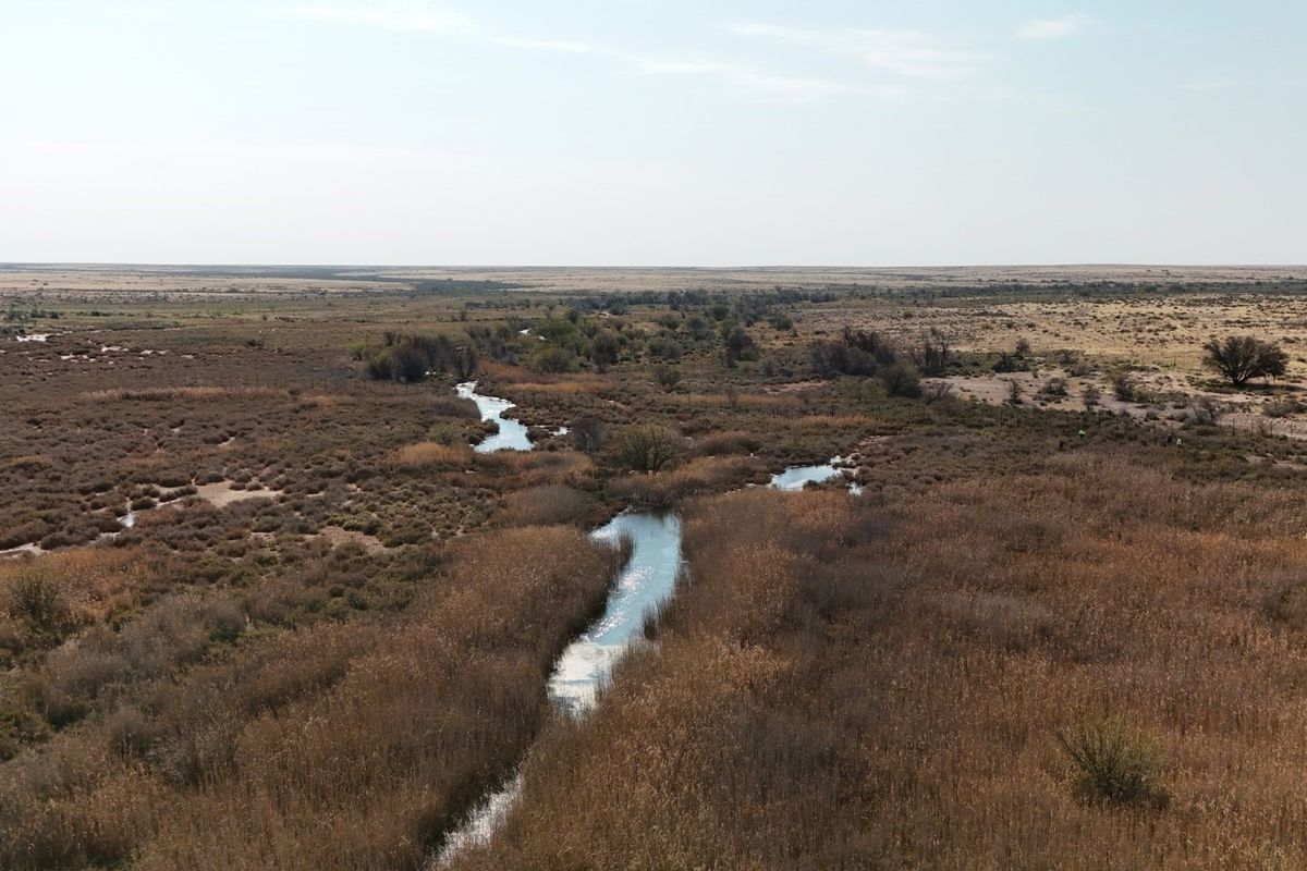 An aerial view of the expansive farm landscape featuring a natural water stream winding through the open veld.