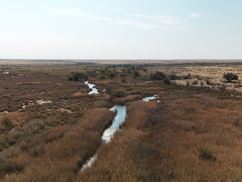 An aerial view of the expansive farm landscape featuring a natural water stream winding through the open veld.