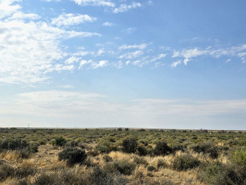 Expansive view of the open farm landscape featuring natural veld vegetation under a clear blue sky.