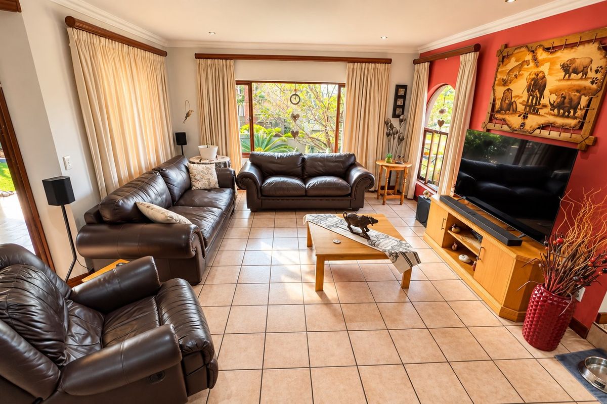 Spacious living room featuring tiled flooring, recessed lighting, and large windows that provide ample natural light and views of the garden.