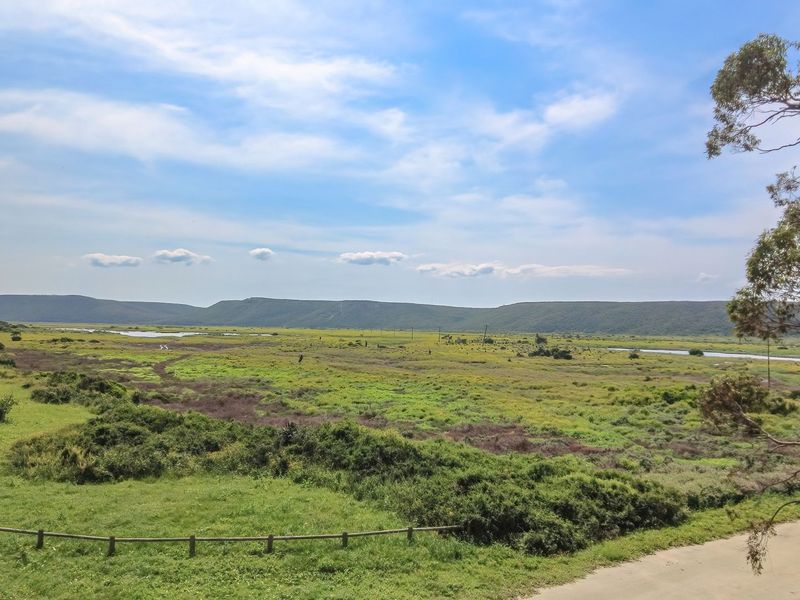 A scenic landscape view overlooking expansive green fields, natural vegetation, and distant hills under a clear blue sky.