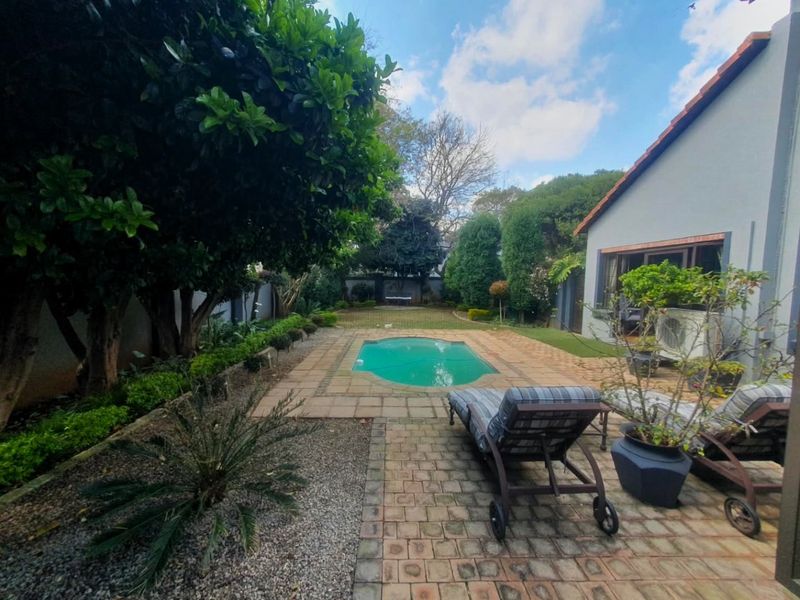 A private backyard featuring a swimming pool, paved patio area, and established garden landscaping, providing a pleasant outdoor entertainment space.