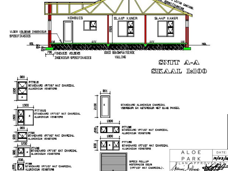 Architectural section drawing for Aloe Park showing structural details, window specifications, and roof construction.
