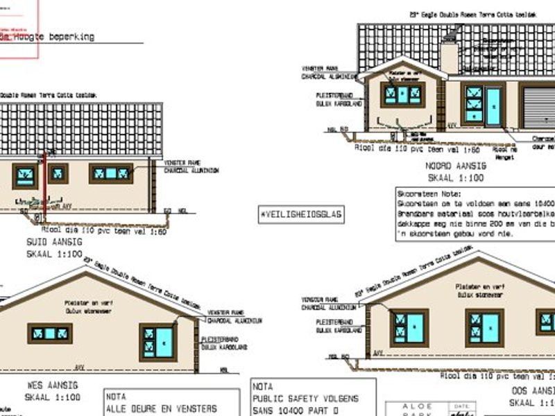 Architectural floor plan and elevation drawings detailing the exterior design, roof structure, and window placements for the property.