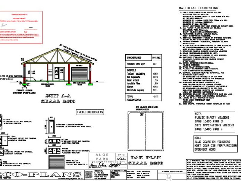 Architectural floor plan and section drawing for a residential property, detailing roof construction, window specifications, and structural layout.