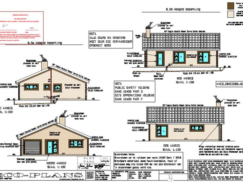 Architectural floor plan and elevation drawings for a residential property, detailing building specifications and structural layout.