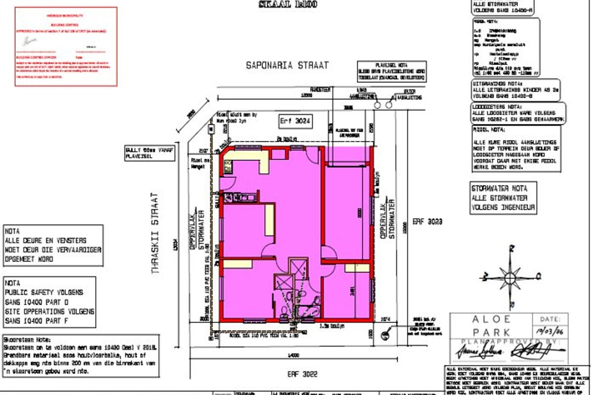 Architectural site and floor plan for a residential property, detailing building layout, dimensions, and site boundaries.