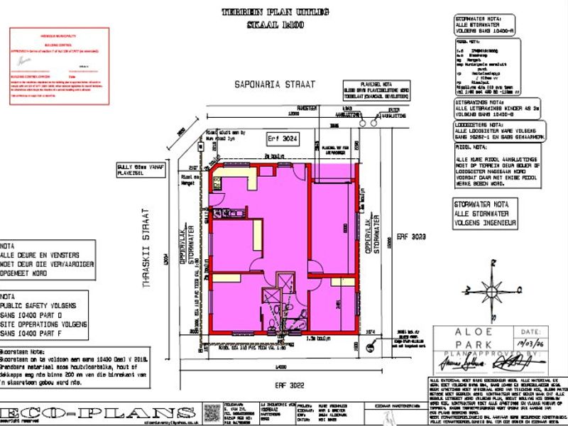 Architectural site and floor plan for a residential property, detailing building layout, dimensions, and site boundaries.