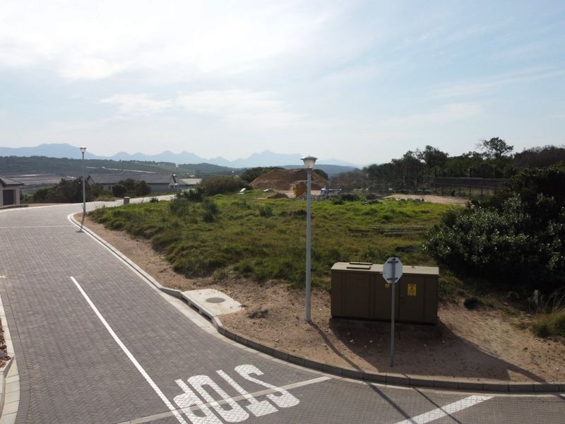 A street-level view of a residential development showing paved roads, street lighting, and utility infrastructure with surrounding landscape views.