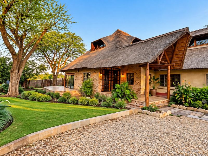 Charming thatched-roof home featuring an exposed brick facade, timber accents, and a beautifully landscaped garden with a stone walkway and gravel driveway.