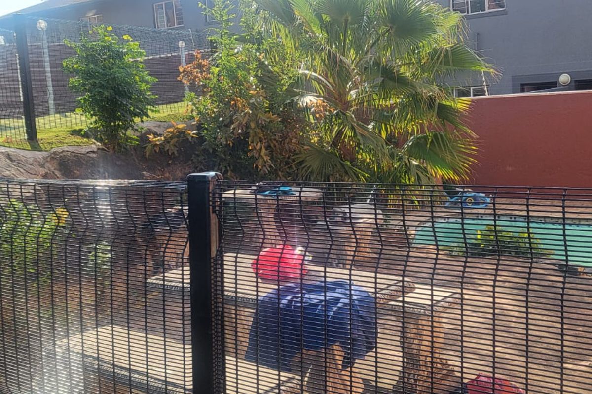 Outdoor pool area featuring a swimming pool, landscaped garden, and secure mesh perimeter fencing.