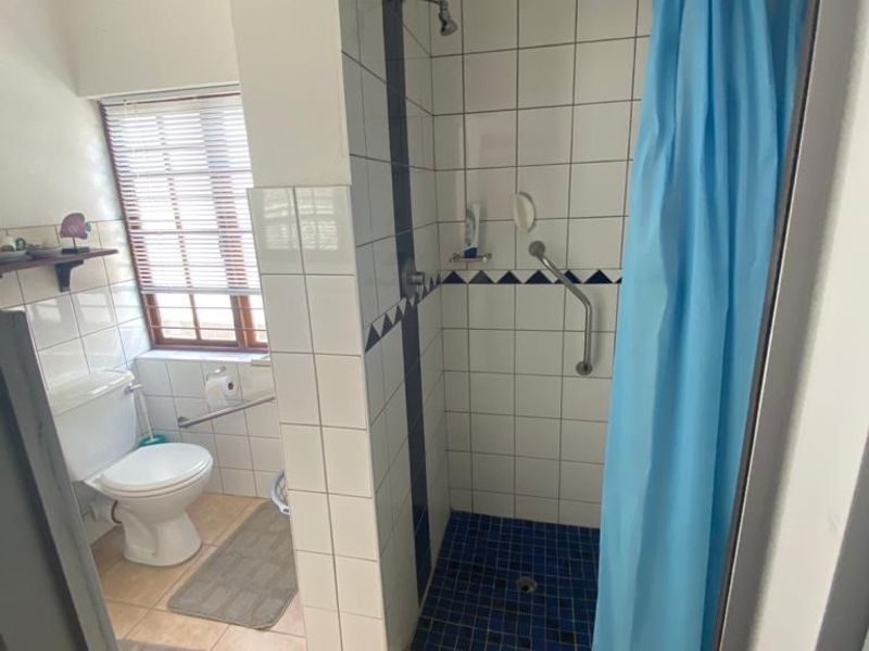 A functional bathroom featuring a walk-in shower with blue mosaic floor tiles, white wall tiling, and a standard toilet.