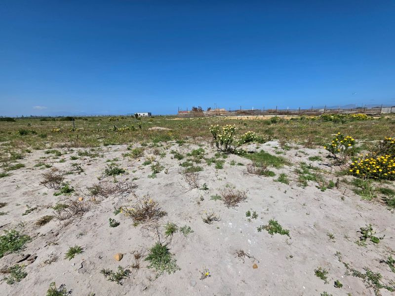 A wide-angle view of a vacant residential plot featuring sandy terrain and natural coastal vegetation under a clear blue sky.