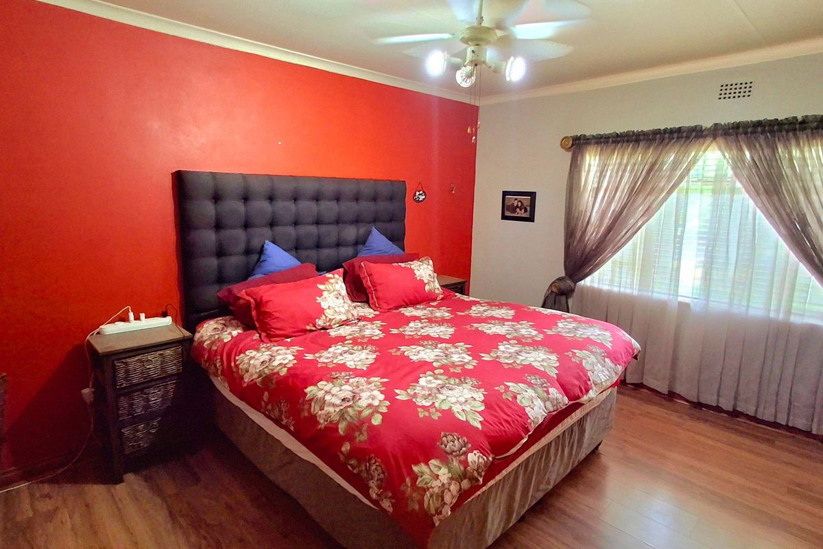 A spacious bedroom featuring laminate flooring, a ceiling fan, and large windows with curtain rails, providing a functional and comfortable sleeping space.