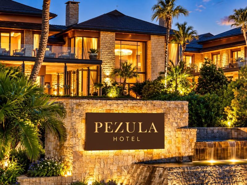A beautifully illuminated front exterior view of the luxury property featuring stone masonry, a cascading water feature, and extensive landscaped gardens at dusk.