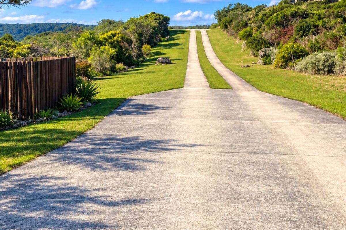 A well-maintained concrete driveway leading up a gentle slope, flanked by lush green lawns, native vegetation, and a timber boundary fence.