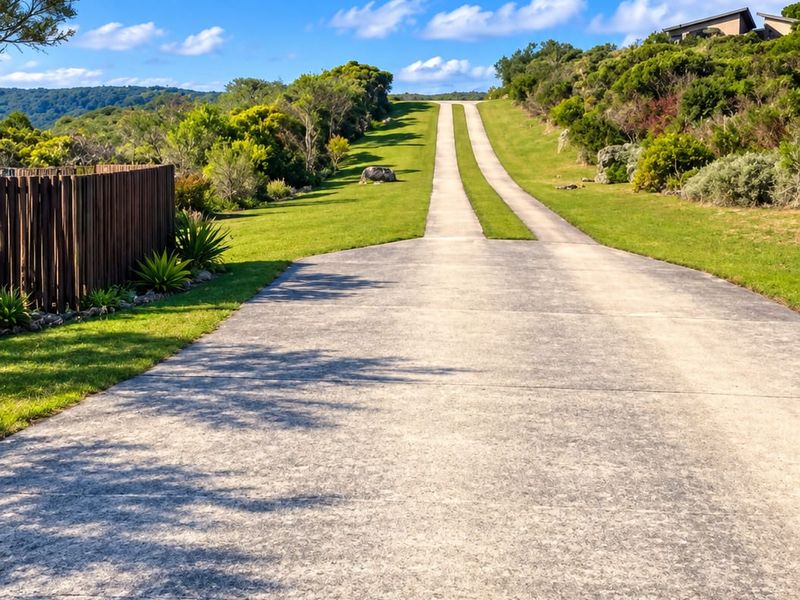 A well-maintained concrete driveway leading up a gentle slope, flanked by lush green lawns, native vegetation, and a timber boundary fence.