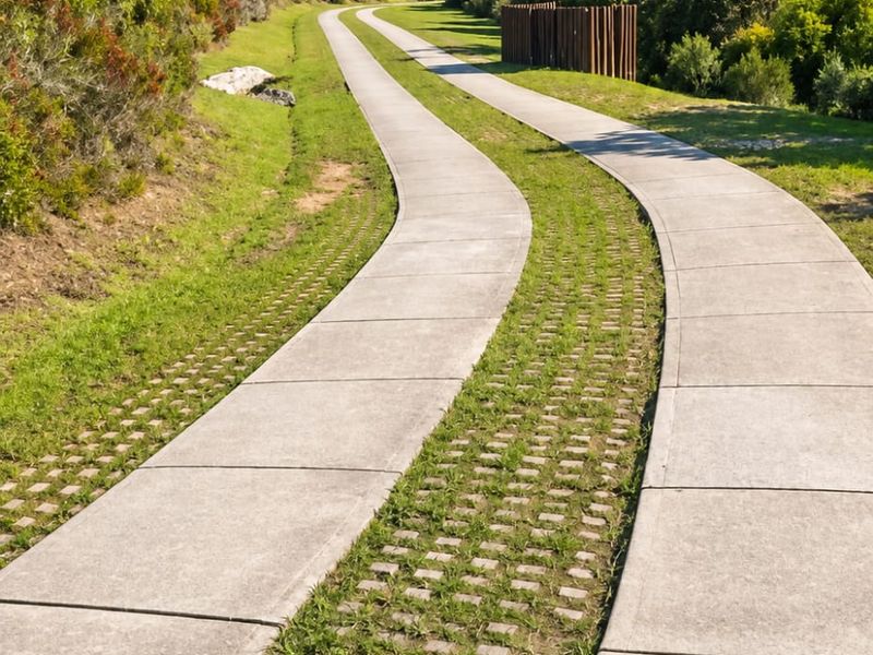 A well-maintained concrete driveway with integrated grass pavers leading through a landscaped residential area with natural hillside surroundings.