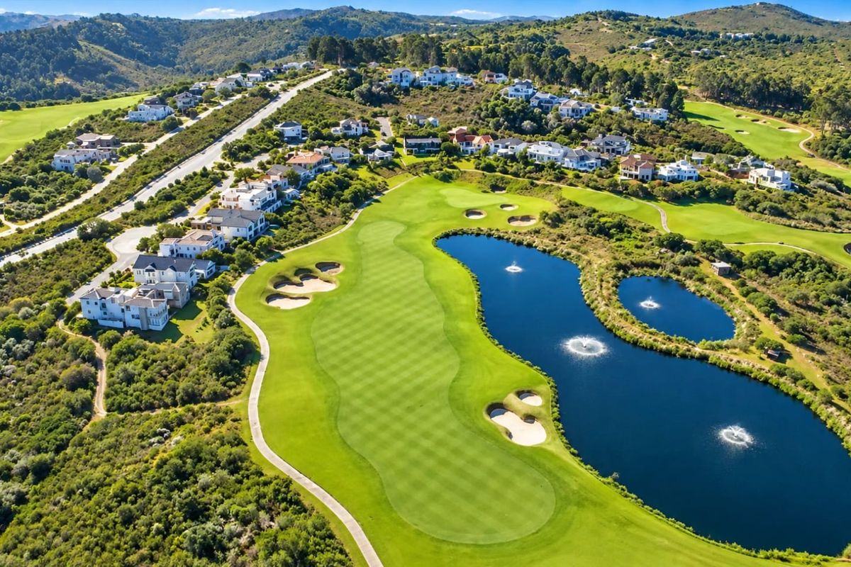 Aerial view of a residential estate overlooking a manicured golf course with water features and surrounding natural landscape.