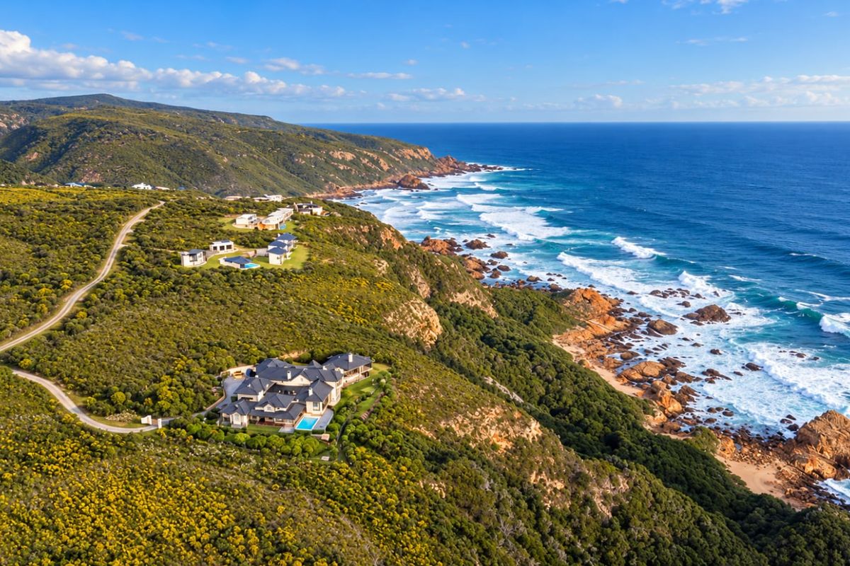 An expansive aerial view of a coastal residential property situated on a cliffside overlooking the ocean and rugged coastline.