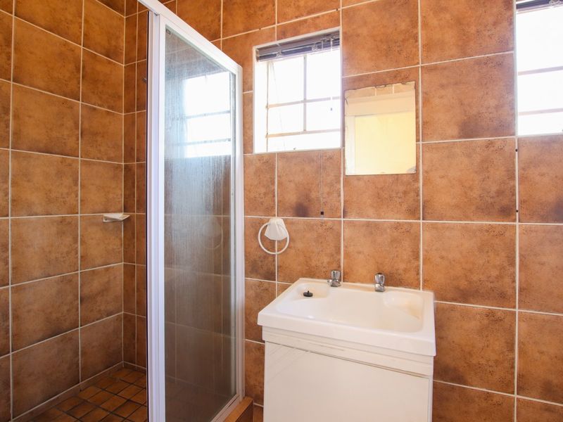 A compact bathroom featuring a shower enclosure, vanity basin, and full-height brown wall tiling.