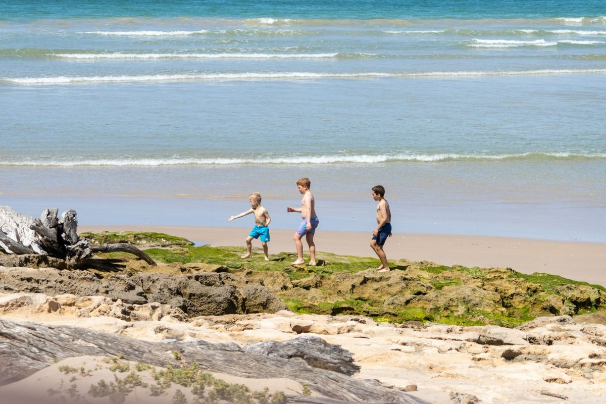 A scenic view of the coastal shoreline featuring natural rock formations and sandy beach access.