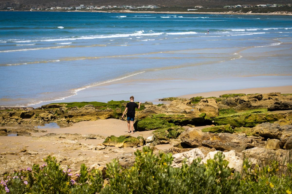 A scenic coastal view overlooking the sandy beach and ocean, highlighting the natural landscape and rocky shoreline.