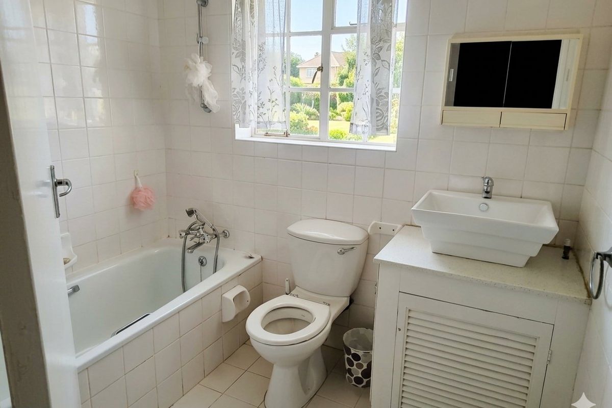 A functional bathroom featuring a built-in bathtub, toilet, and a vessel sink set on a vanity cabinet with tiled finishes throughout.